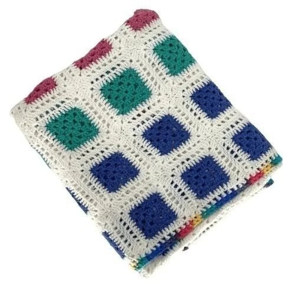 Handmade Crochet Granny Square Blanket White Pink‎ Blue Boho Cottagecore Throw